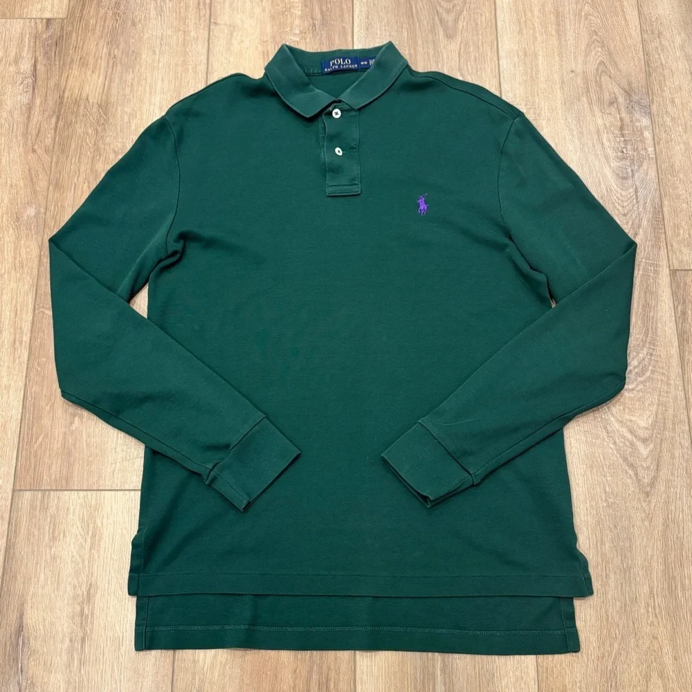 🌟POLO RALPH LAUREN 🌟 VINTAGE LONG SLEEVE COTTON POLO LOGO GREEN SZ M